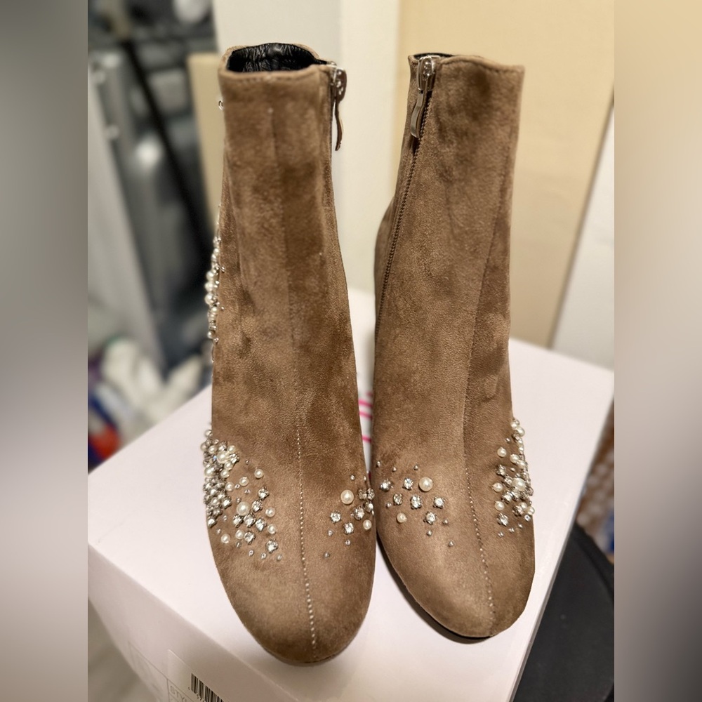 Taupe Suede Women's Boots with Rhinestone Detailing